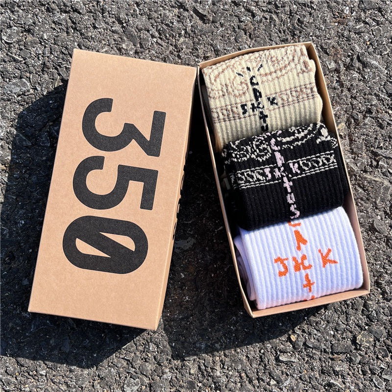 Men's socks - european and american streetwear brand boxed aj athletic socks - m crew socks - graffiti barbed wire trendy socks - travis scott collaboration